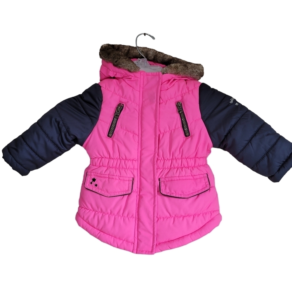 OshKosh B'gosh  Neon Pink Puffer Coat with Faux Fur Size Girls 18mos.